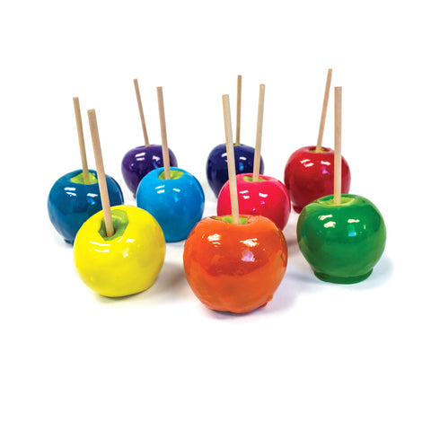 Multiple colors of candy apples on sticks.