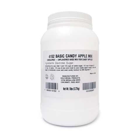 White jar with a white lid. White and black label on the front stating basic candy apple mix.