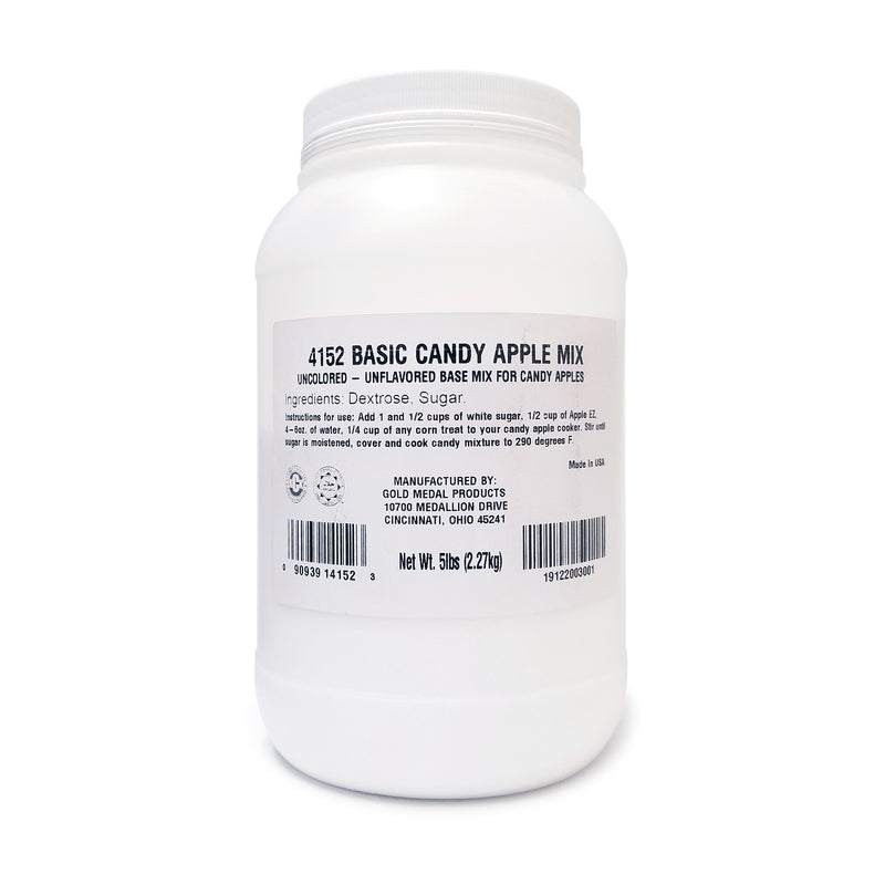White jar with a white lid. White and black label on the front stating basic candy apple mix.