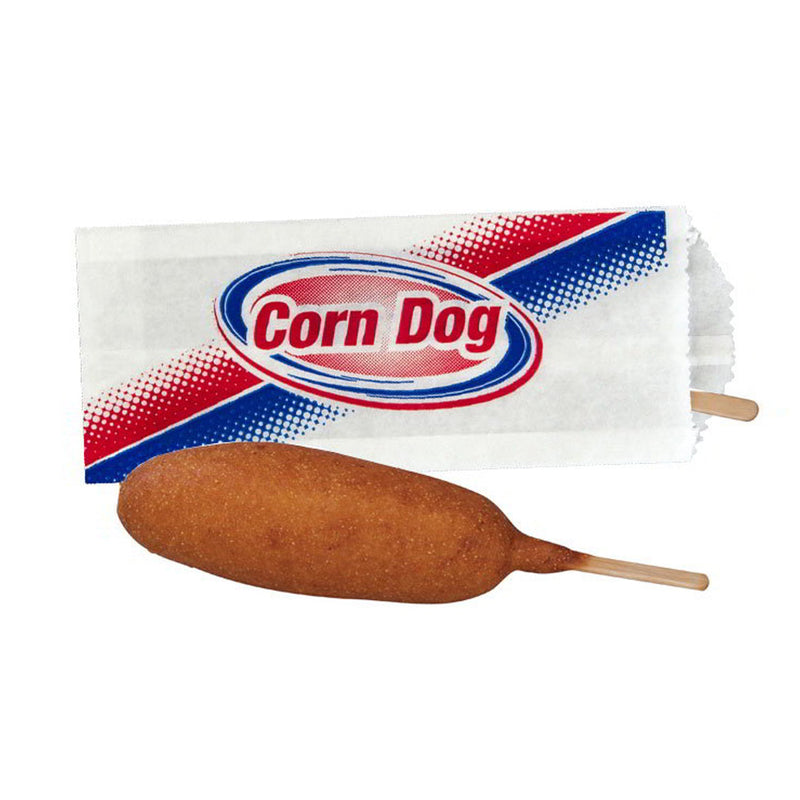 Corn dog on a stick in front of a blue, red and white bag with the words Corn Dog on the bag.