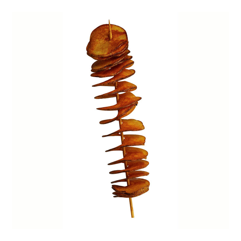 Fried spiraled potato spread out on wooden skewer. 