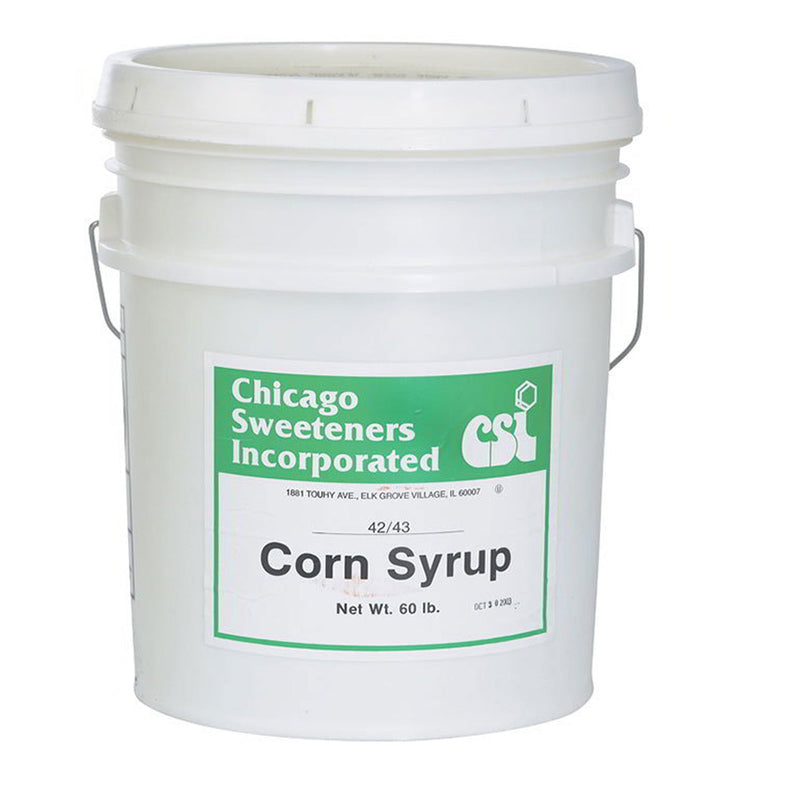 White tub and lid with green and white label stating Corn Syrup.