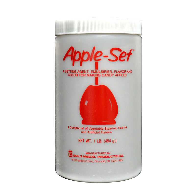 White jar and lid with red apple graphic and words stating Apple Set.