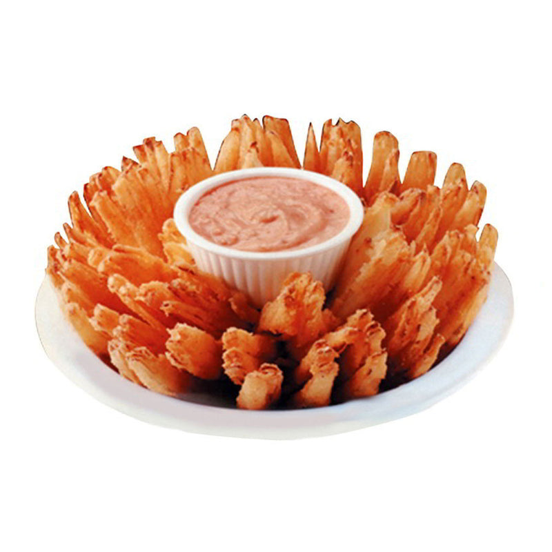 Fried blooming onion on a white plate with a bowl of dipping sauce in the middle of the onion.