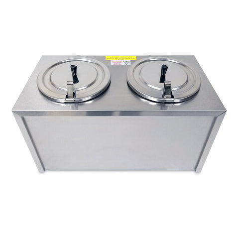 Back of warmer, stainless steel rectangle box, two openings in the top for cans of cheese, covered by lids with black handles. 