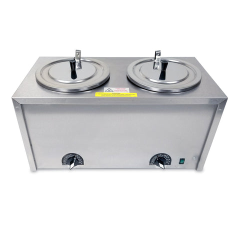 Cheese warmer, stainless steel rectangle box, two openings in the top with lids, two black temperature control dials on the front with green on-off switch, front angle.