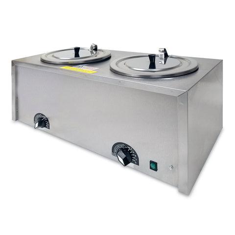 Cheese warmer, stainless steel rectangle box, two openings in the top with lids, two black temperature control dials on the front with green on-off switch, front angle.