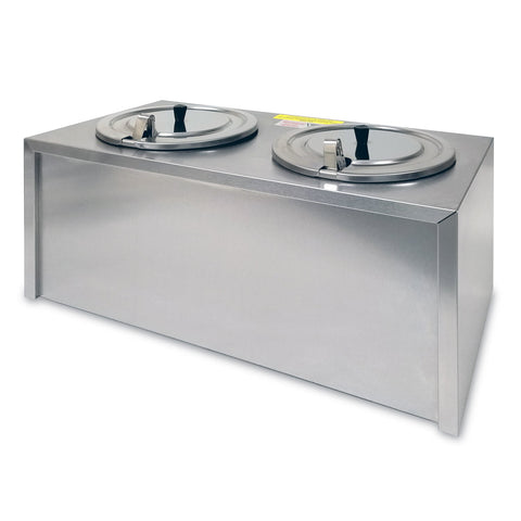 Back of cheese warmer, stainless steel rectangle box, two openings in the top covered by lids with ladle opening.