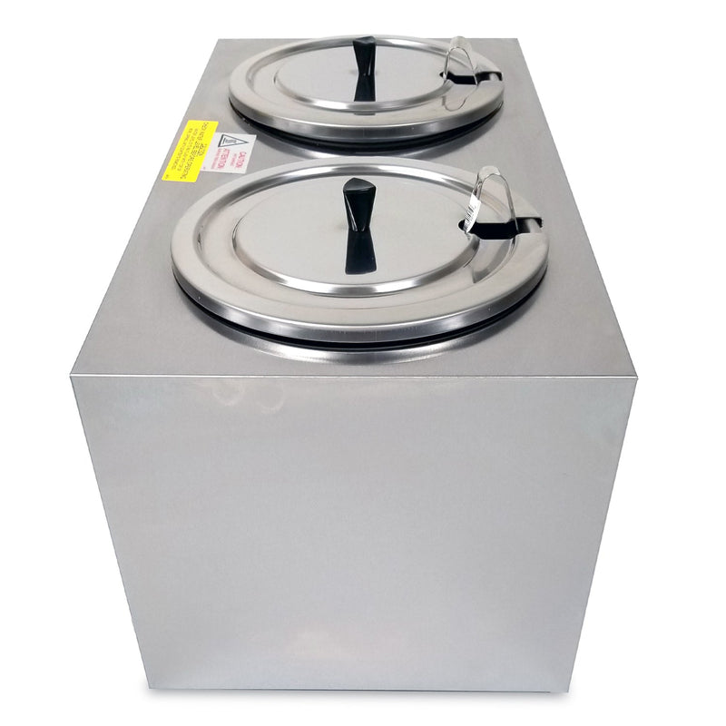 Cheese warmer, stainless steel rectangle box, two openings in the top with lids, left side.