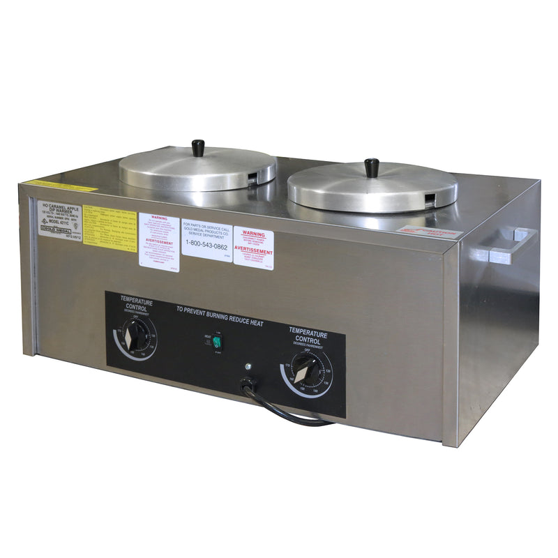 Stainless steel warmer, rectangle box, two openings in the top for caramel apple dip cans covered by lids with black handles, a black control panel with two temperature control knobs on the front, and five labels affixed to the front of the machine.
