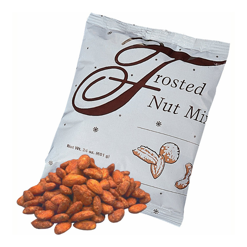 White sealed bag with text Frosted Nut Mix printed in brown.