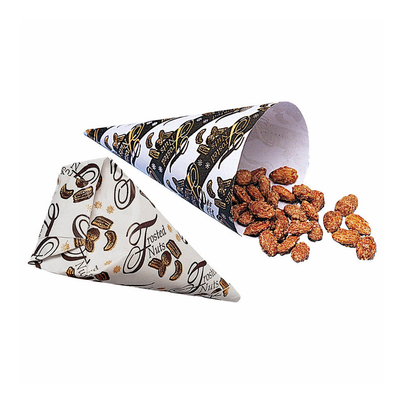 Brown and white printed paper cones holding frosted nuts. Text on cones reads frosted nuts with drawings of nuts.
