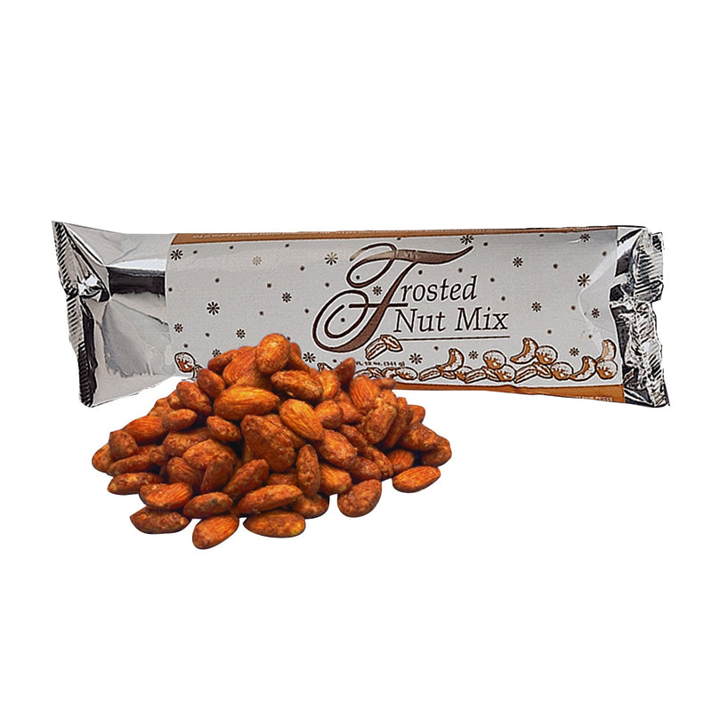 Silver, white and brown mylar sealed package with Frosted Nux Mix printed on it. A pile of frosted nuts sits in front of package.