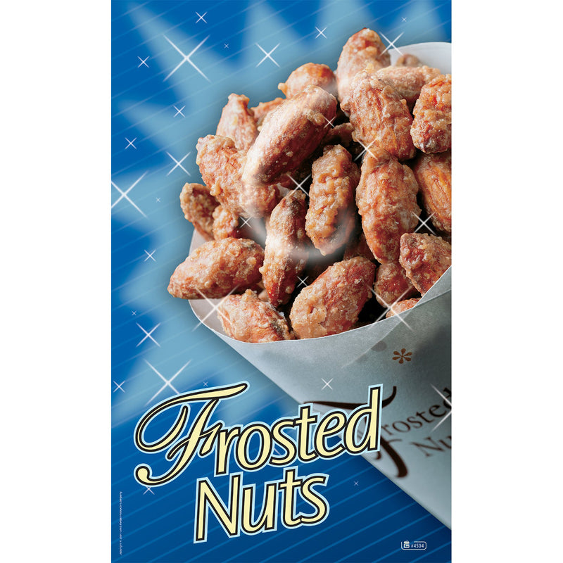 Blue background poster picturing white paper cone holding frosted nuts with text printed in cream and outlined in brown reading Frosted Nuts.