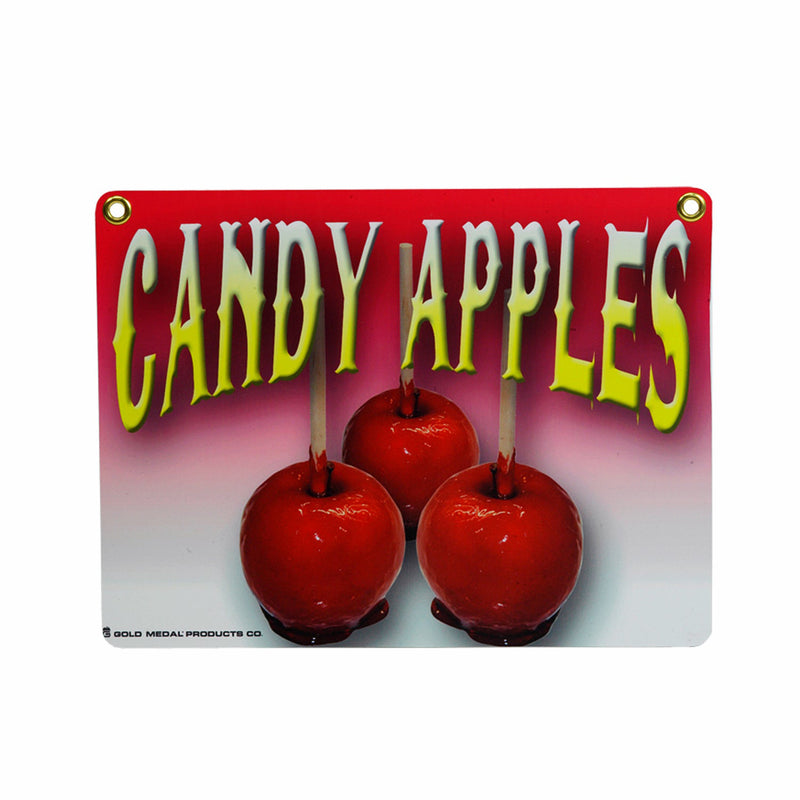 Rectangle sign with two grommet holes in top corners showing 3 cherry candy apples with sticks and the words reading Candy Apples.