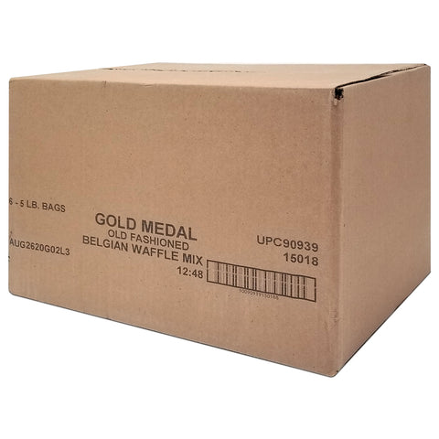 Brown box with black lettering reading Gold Medal Old Fashioned Belgian Waffle Mix and barcode.