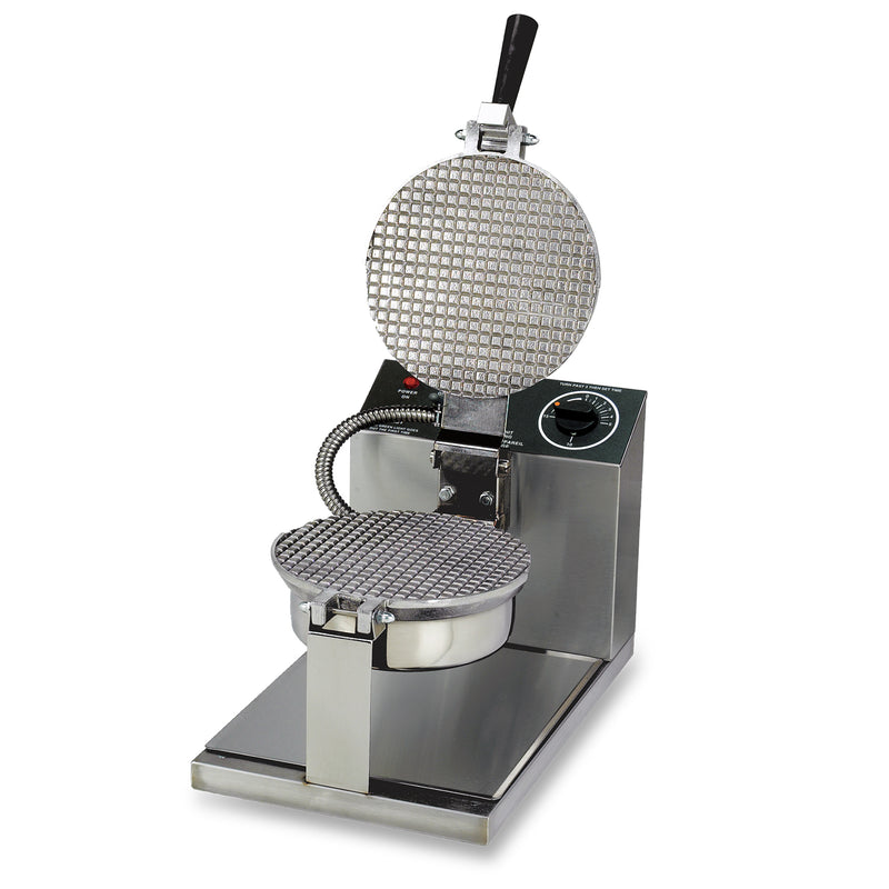 Two, silver, 8 inch round small square grids, opened, with a black handle on top grid, mounted on silver base with dial temperature control panel behind the grids. 