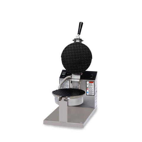 Two, black non-stick, 8 inch round small square grids, opened, with a black handle on top grid, mounted on silver base with electronic control panel behind the grids. 