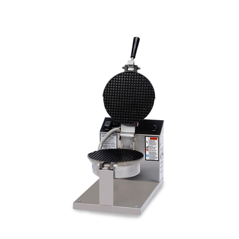 Two, black non-stick, 8 inch round small square grids, opened, with a black handle on top grid, mounted on silver base with electronic control panel behind the grids. 