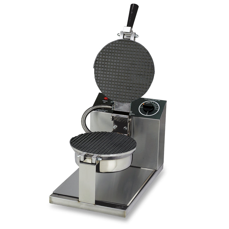 Two, black non-stick, 8 inch round small square grids, opened, with a black handle on top grid, mounted on silver base with dial temperature control panel behind the grids. 