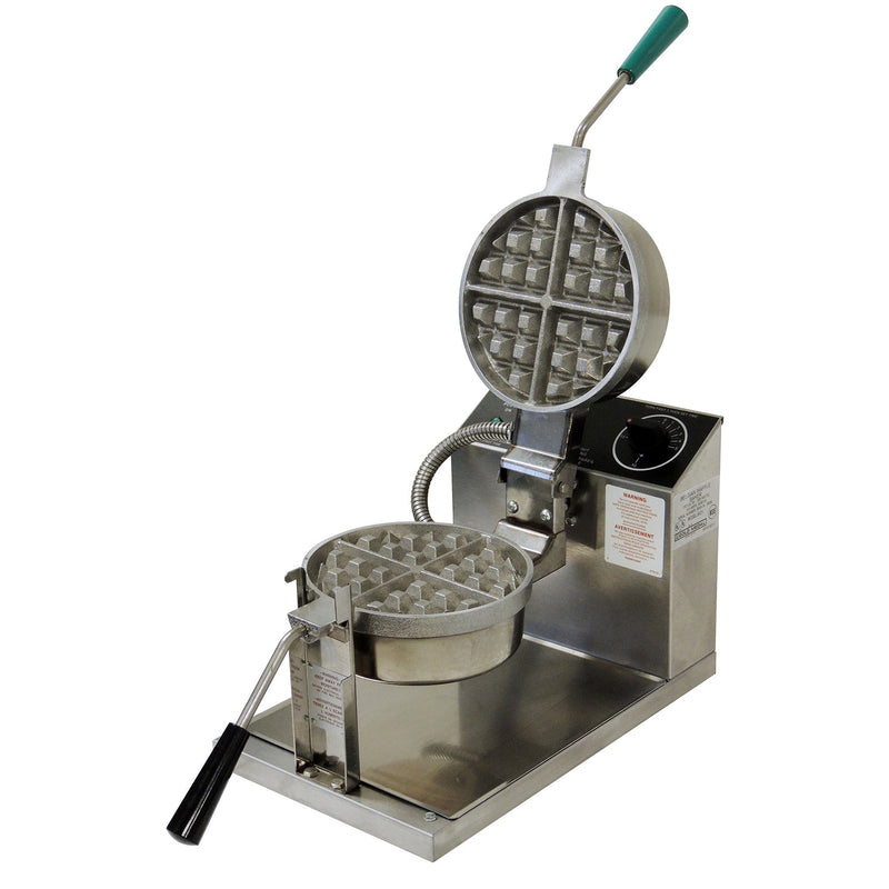 Two, silver, round belgian waffle deep square grids, opened, with a black handle on bottom grid and green handle on top grid. Baker is mounted on silver base with dial temperature control panel behind the grids. 