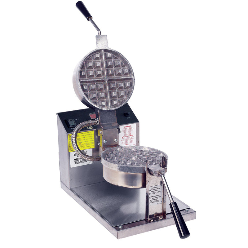 Two, silver, round belgian waffle deep square grids, opened, with black handles on bottom and top grid. Baker is mounted on silver base with digital control panel behind the grids. 