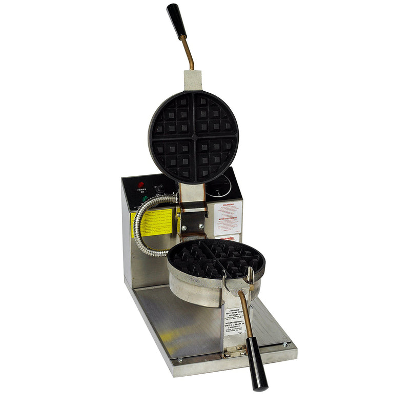 Two, black non-stick, round belgian waffle deep square grids, opened, with black handles on bottom and top grid. Baker is mounted on silver base with digital control panel behind the grids. 