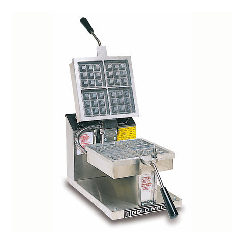 Two, silver grid holders with 4 square belgian waffle deep grids in each with black handles on each. Baker is mounted on silver base with dial temperature control panel behind grids.