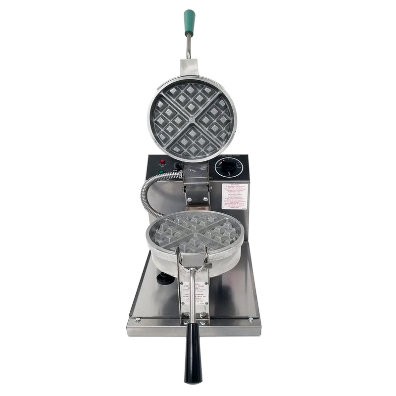 Front view of two, silver, removable round belgian waffle deep square grids, opened, with a black handle on bottom grid and green handle on top grid. Baker is mounted on silver base with dial temperature control panel behind the grids. 