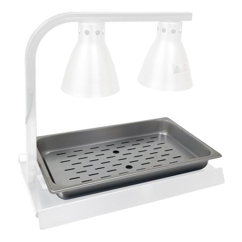 Rectangle silver food warming pan with slotted tray inserted in pan. Sitting on food warmer with two lamps.