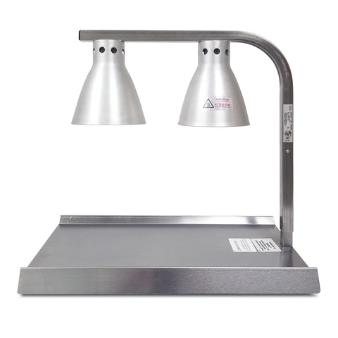 Back view of food warmer with bent bar affixed to stainless steel base. The bent bar holds two warming lamps.