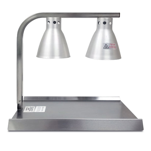 Front view of food warmer with bent bar affixed to stainless steel base. The bent bar holds two warming lamps.