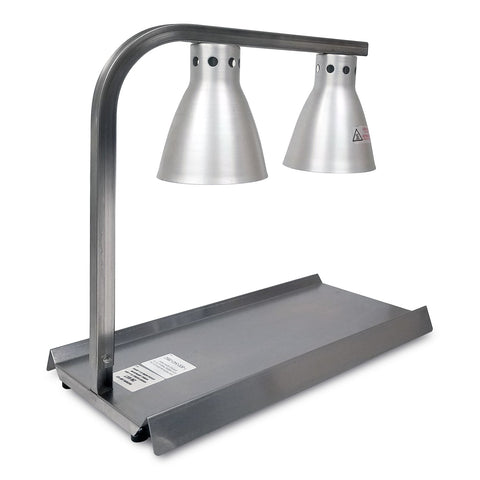 Angle view of food warmer with bent bar affixed to stainless steel base. The bent bar holds two warming lamps.