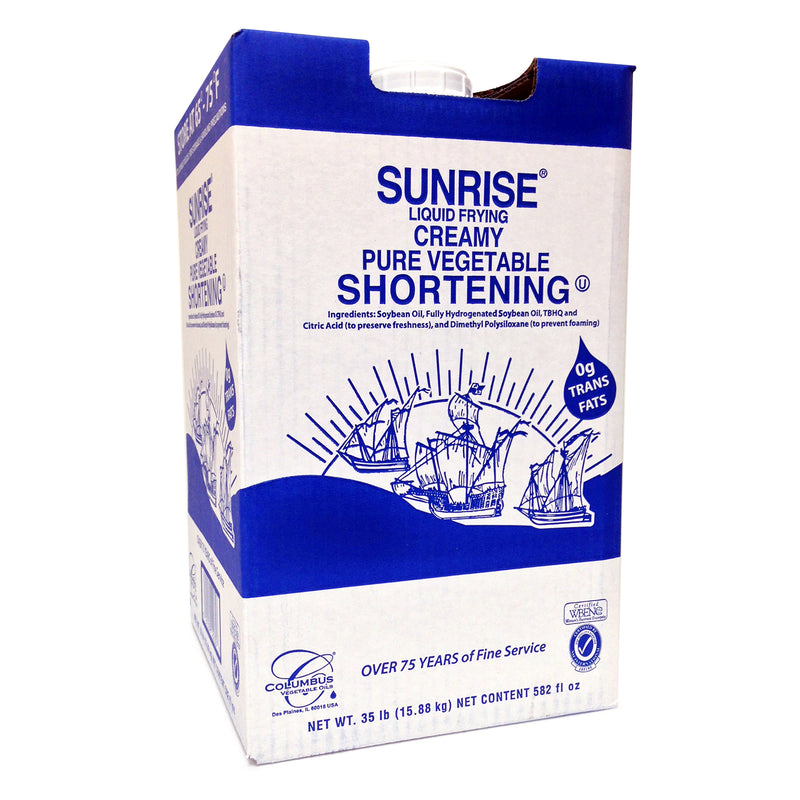 White box with blue print stating Liquid frying pure vegetable shortening. 