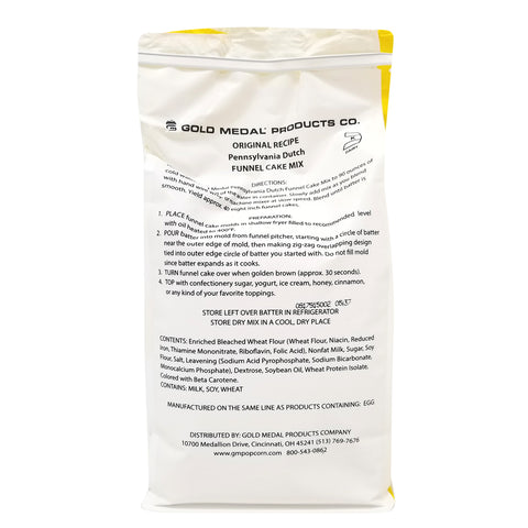 Bag of funnel cake mix, showing side with directions of how to use, printed in black on white bag.