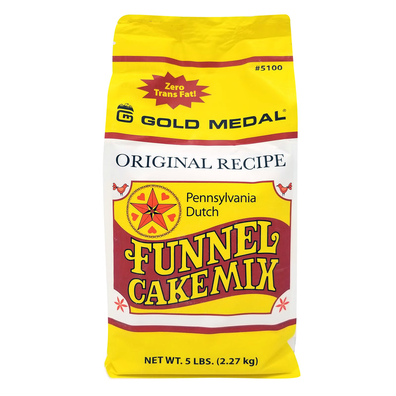 The front side of a 5-pound bag of funnel cake mix with yellow, brown, and black printing.