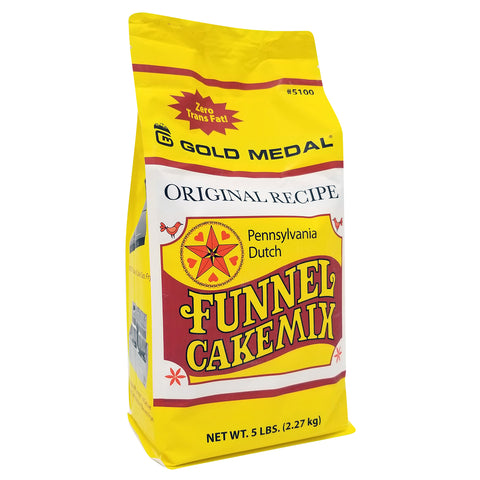 Angle view of a 5-pound bag of funnel cake mix with yellow, brown, and black printing.