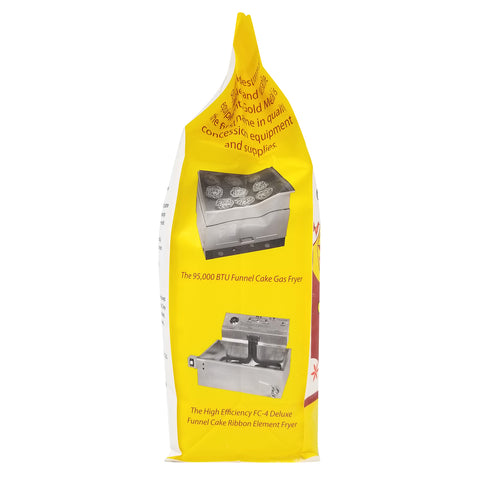 Left side of a 5-pound bag of funnel cake mix with yellow, brown, and black printing, and pictures of two funnel cake fryers.