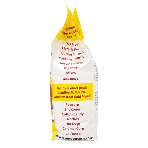 Right side of a 5-pound bag of funnel cake mix with yellow, brown, and black printing.