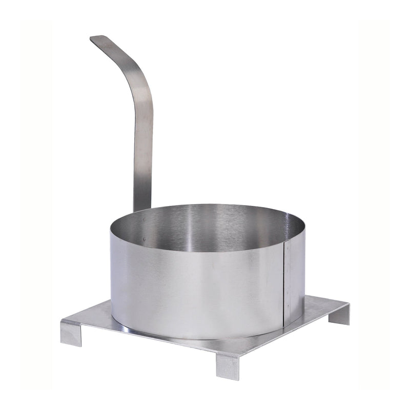 Stainless steel round funnel cake mold with handle sitting on short platform.