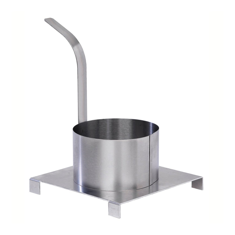 Deep, stainless steel, round funnel cake mold with handle sitting on short platform.