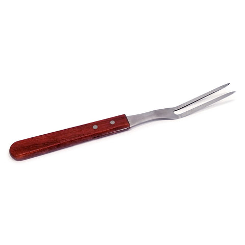 Two prong large fork with wooden handle.