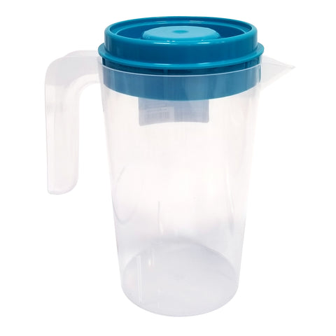 Clear pitcher with blue lid.