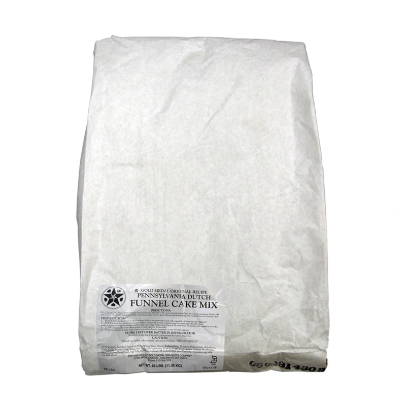 Large white bag of funnel cake mix with black and white label.