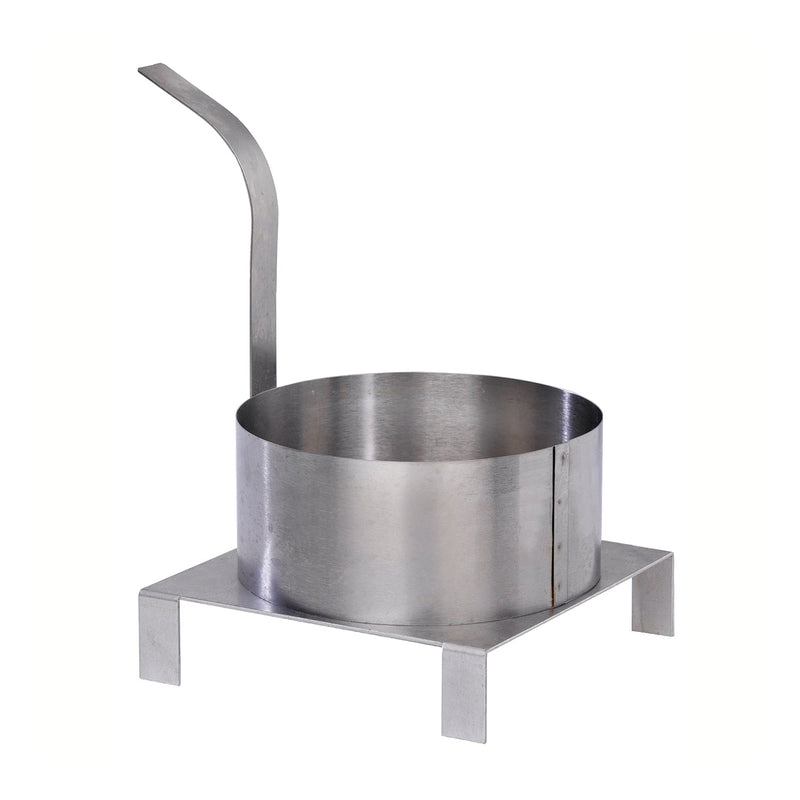 Stainless steel funnel cake ring mold with handle on tall platform.