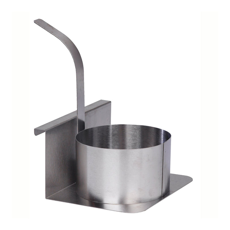 Stainless steel funnel cake ring mold with handle on platform that hooks on side of fryer.