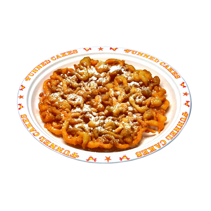 Paper plate with yellow and red lettering on the rim saying funnel cakes.