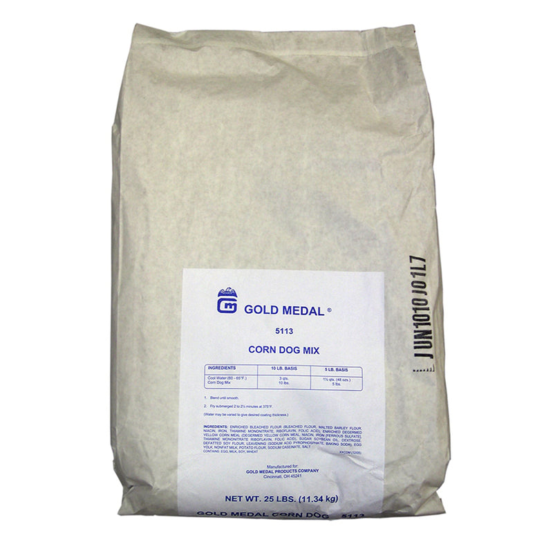 White bag with blue and white print label of corn dog mix.
