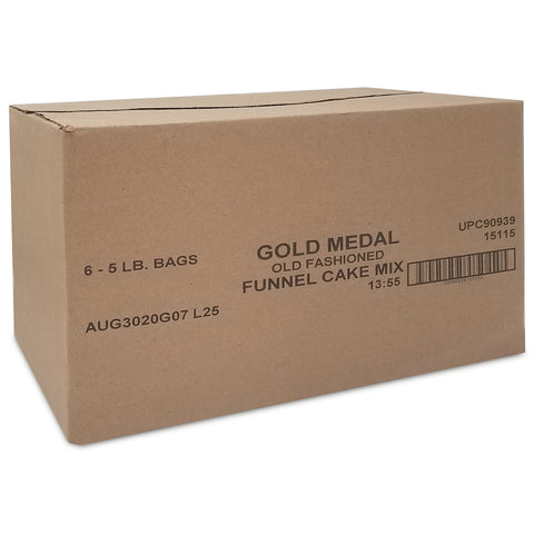 Brown box with black lettering reading Gold Medal Old Fashioned Funnel Cake Mix and barcode.