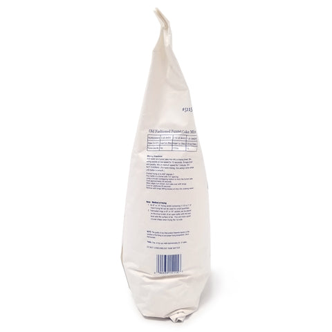 White bag with blue lettering of directions on how to use Old Fashioned Funnel Cake Mix. 